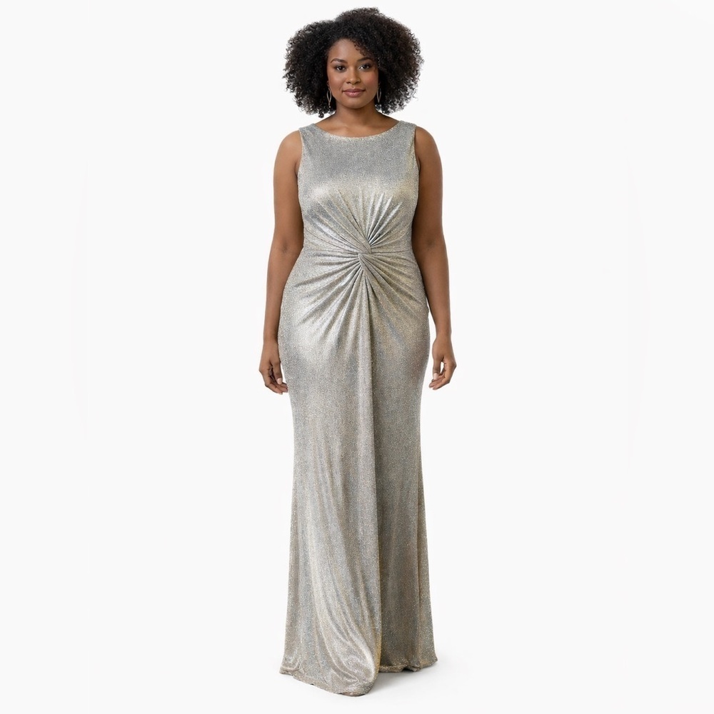 Calvin Klein Silver Metallic Champagne Undertone Twist-Knot Gown Size 14 NWT